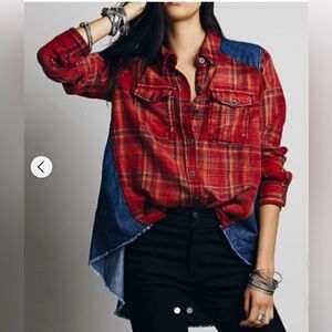 Free People Road Trip Getaway Flannel and Denim Button Down Shirt Red